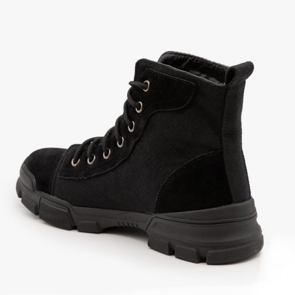 Canvas & Faux Suede Combat Boots in Black - Picture 2 of 8